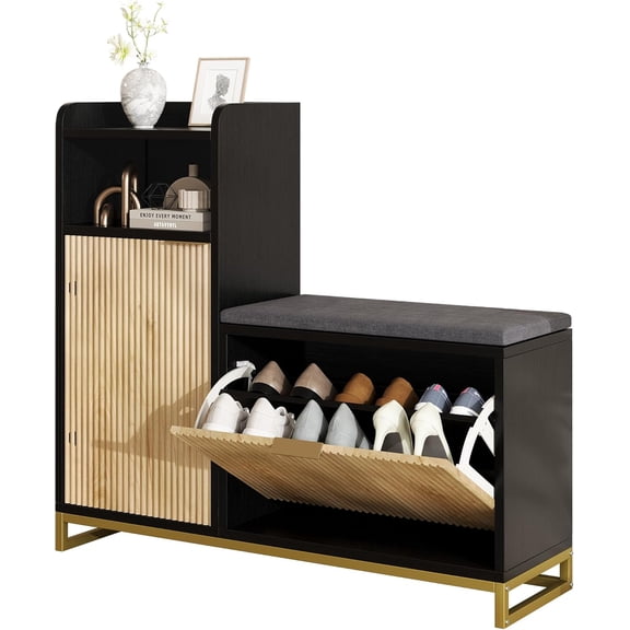 Vividwood 39" L-Shaped Shoe Storage Bench with Cushioned Seat, 2 Flip Drawer & Wave Door & Adjustable Shelves for Entryway (Natural & Black)