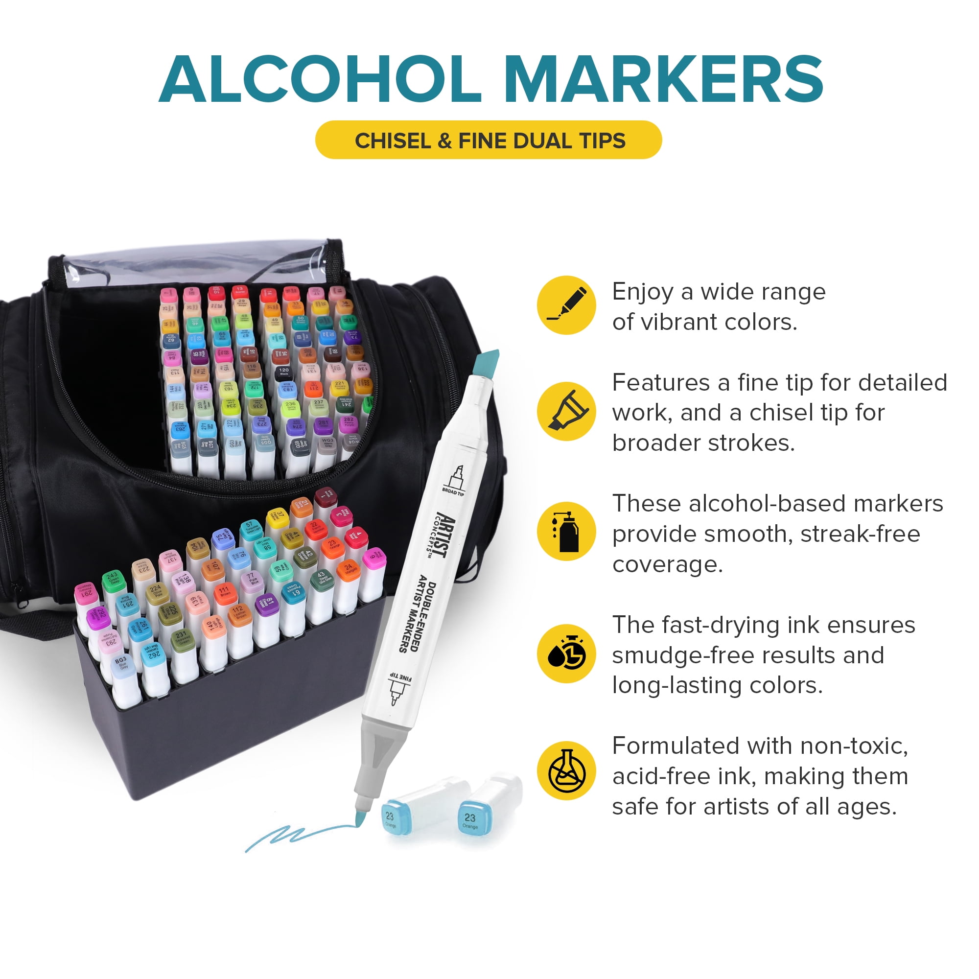 Artist Concepts Dual-Ended Alcohol Markers with Black Carry Case, Fine & Chisel Tips, Multicolor, 120 Count