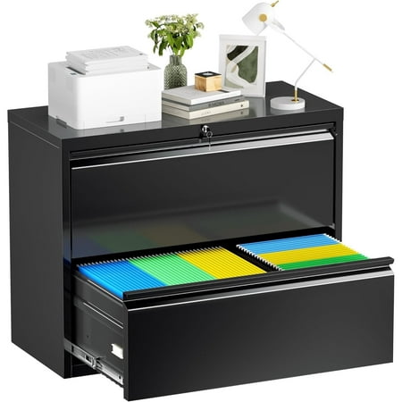 SOLAURA 2 Drawer Lateral File Cabinet with Lock, Lockable Filing Storage Cabinet for Office & Home, Large Metal Storage File Cabinet for Files Legal/Letter/A4 Size (Black)