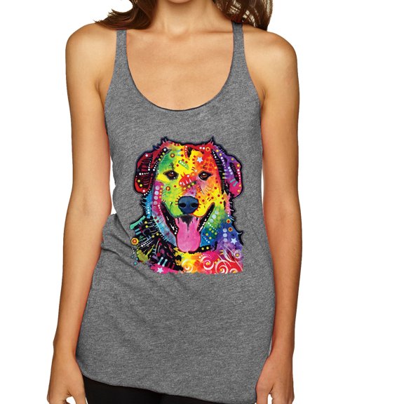 Smiling Dog | Colorful Neon Golden Retreiver | Dean Russo Art Animal Lover Tri-Blend Racerback Tank Top, Premium Heather, Large