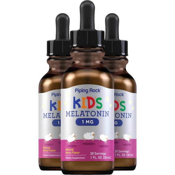 Kids Melatonin Liquid | 1mg | Pack of 3 1 fl oz Bottles | Berry Flavor Drops | Non-GMO, Gluten Free Supplement | by Piping Rock