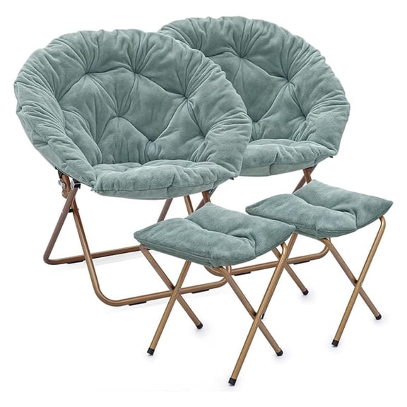 HHBEAUTY Folding Saucer Chair for Adults with Ottoman, Circle Reading Chair for Bedroom, Living Room & Dorm, Furry Comfy Accent Seat with Metal Leg & Thick Padded for Small Spaces (Teal, 2 Pack)