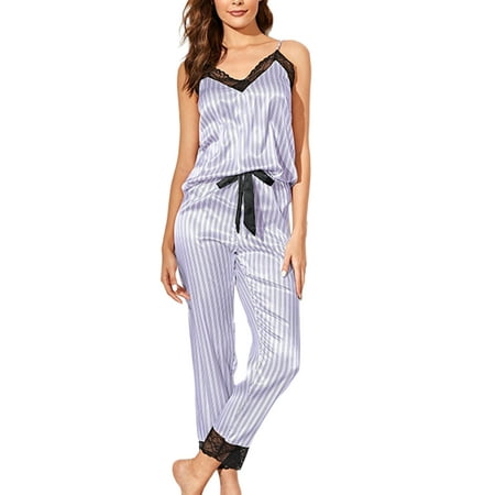 

Wrcnote Women Stain Spaghetti Strap Pjs Loose Loungwear Bow Design Pyjama V Neck Home Clothes
