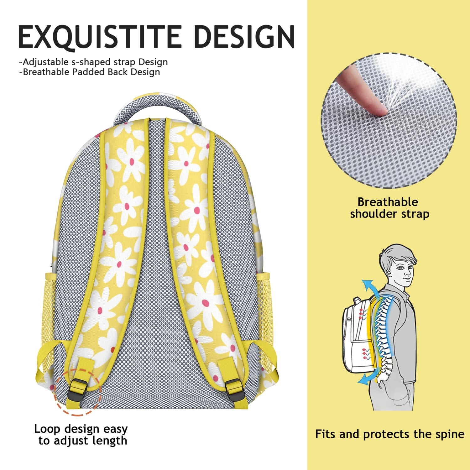 Floral Watercolor Daisy Artwork Backpack - Waterproof & Breathable for College Students