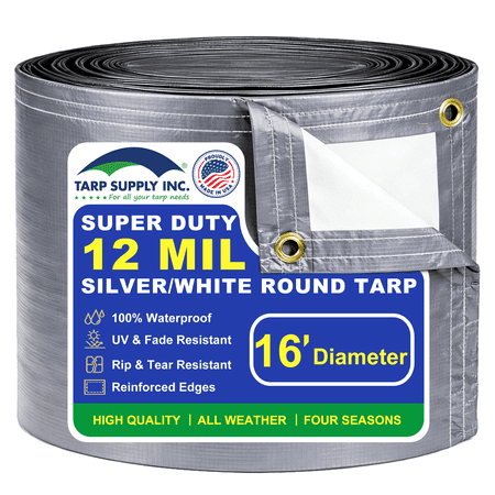 Tarp Supply Inc. 16 Diameter Round Poly Tarp Solar Pool Cover | 12 Mil Waterproof UV & Tear Resistant | Super Heavy Duty Silver/Black Tarpaulin with Brass Grommets for Swimming Pools
