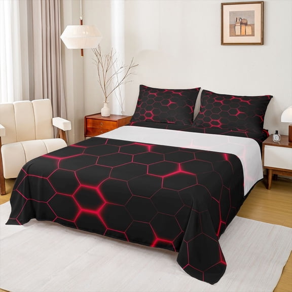 jejeloiu Red Black Twin Sheet Sets,Abstract Geometric Hexagon Bedding For Men Women 3 Pieces
