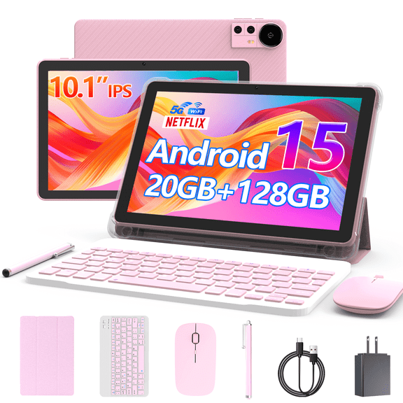 CUPEISI Android 15 Tablet 10 Inch, 20GB RAM 128GB ROM/2TB Expandable, 2.0GHz Quad-core Processor, 1280*800 IPS HD Screen, 5G WiFi 6 BT 5.0, 2 in 1 Tablets with Keyboard Case Mouse Stylus, Widevine L1