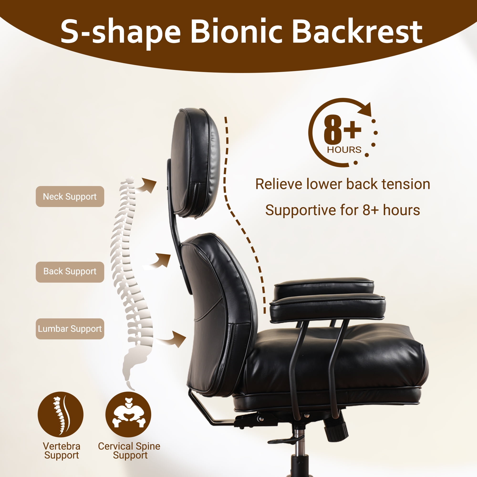 Vcatnet Ergonomic Executive Office Chair, High Back Computer Chair with Lumbar Support, PU Leather Mid-Century Modern Adjustable Home Office Desk Chair, Black