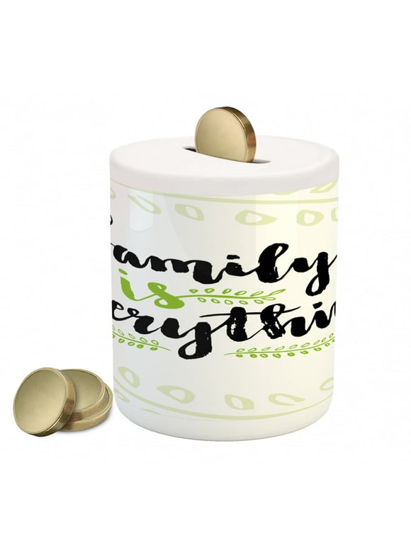 Family Piggy Bank, Lettering Family is Everything Motivaonal Phrase Branches Leaves, Ceramic Coin Bank Money Box for Cash Saving, 3.6" X 3.2", Apple Green Black White, by Ambesonne