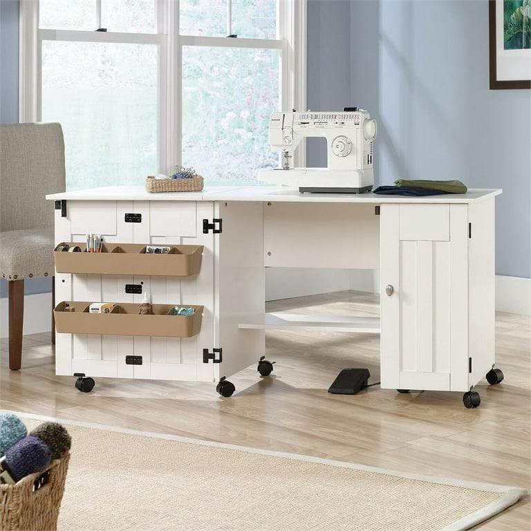 Bowery Hill Traditional Wood Drop-Leaf Sewing/Craft Table in White 