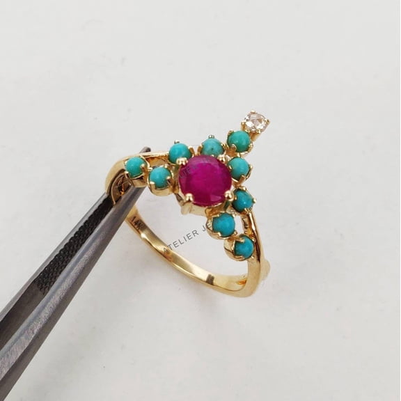 14K Gold Natural Ruby Turquoise Diamond Ring: July December Birthstone Engagement Ring