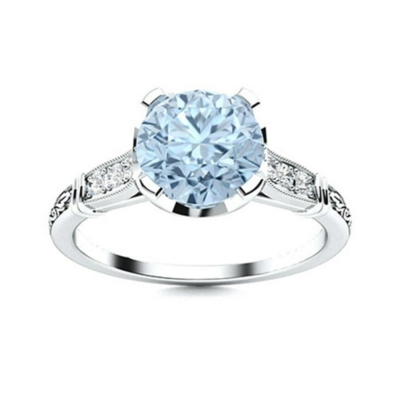 0.87 Ctw Round Aquamarine 925 Sterling Silver Solitaire Side Accents Women Valentines Day Gifts Ring