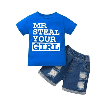 

Jerdar Summer Clothes Set for Kids Toddler Baby Girl Summer Girls Short-sleeved T-shirt With Holes Denim Shorts Blue 2-3 Years