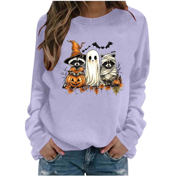 Cute Halloween Sweatshirt Women Raccoon Ghost Witch Graphic Print Crew Neck Long Sleeve Pullover Oversized Fleece Lined Fall Top for Spooky Season Holiday Party