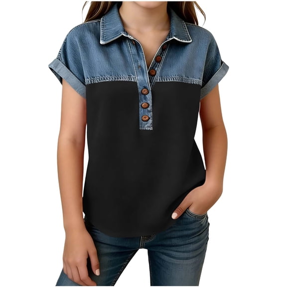 OGLCCG Denim Shirts for Girls Button Up V Neck Lapel Collar Casual Short Sleeve Tees-Shirts Fashion Patchwork Western Blouses 4-15 Years