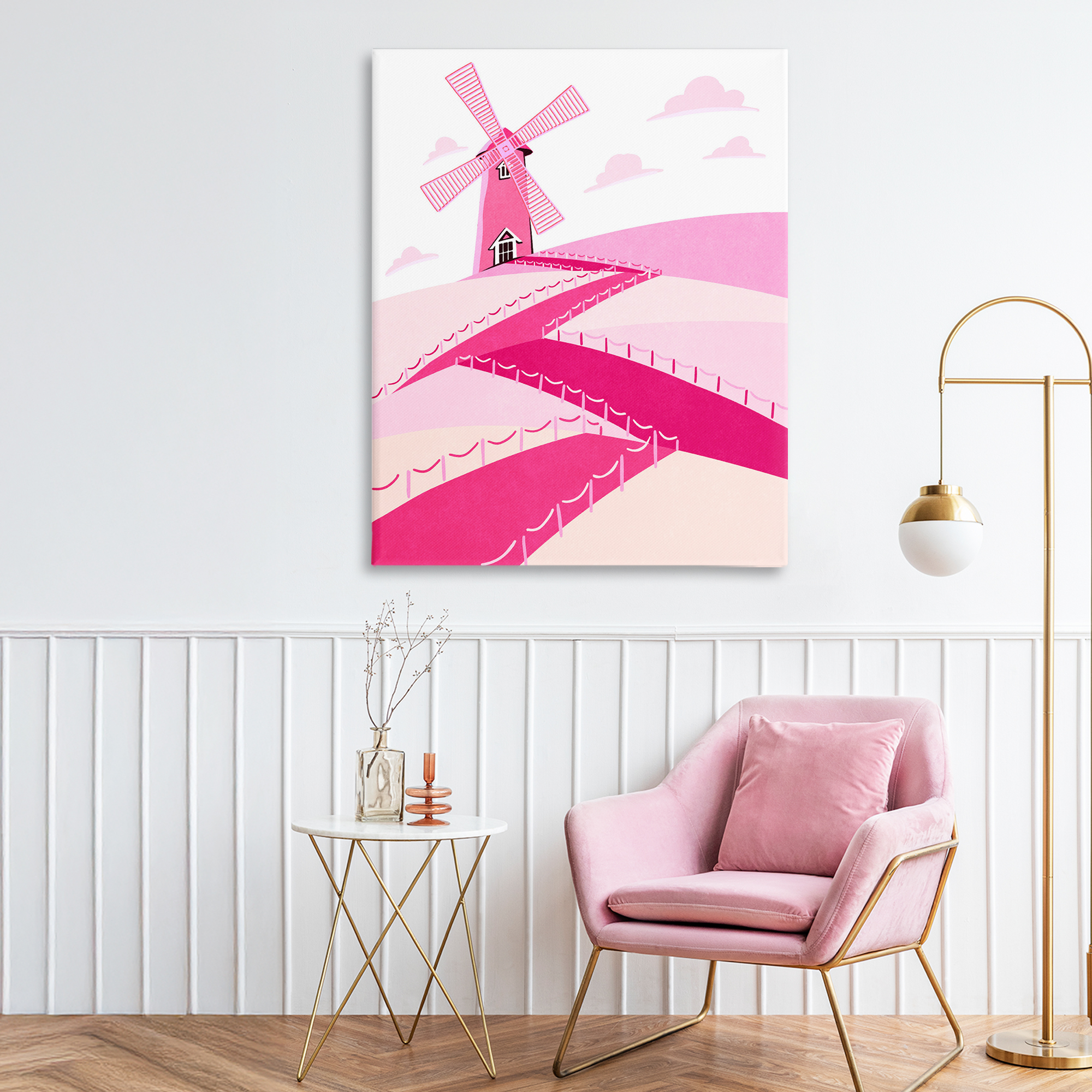 Pink Hills and Windmill Canvas Wall Art, design by Ziwei Li