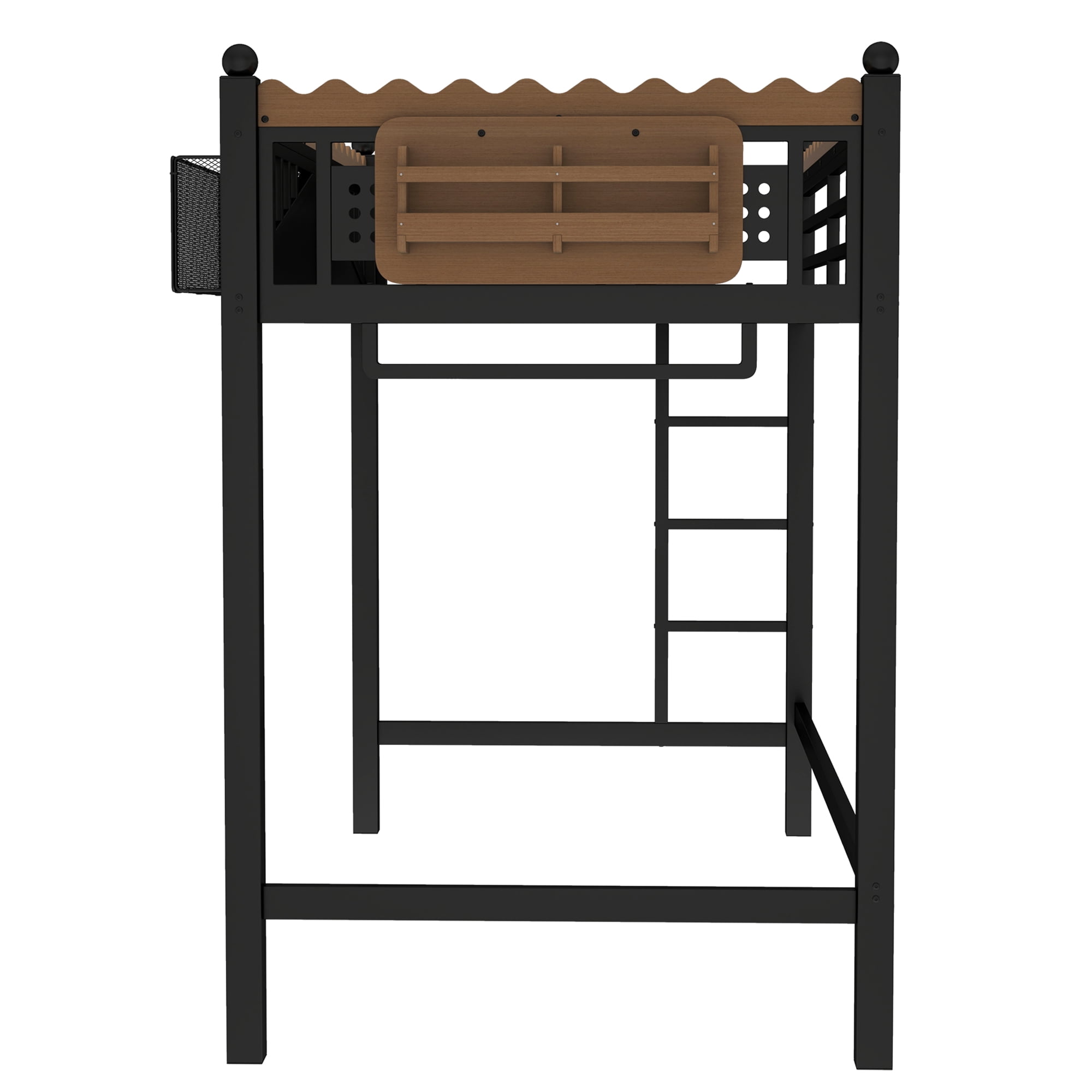 Twin XL Size Loft Bed with Ladder & Bookshelf, Metal Loft Bed Frame with Storage Shelves, Space-Saving Loft Bed for Dorms, Small Bedroom, Black