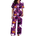 thumbnail image 4 of Kcolen Satin Halloween Pajamas Women Long Sleeve Pants, Women's Halloween Pajama Two Piece Sets Notch Collar Pumpkin Print Sleepwear,Purple,M, 4 of 5
