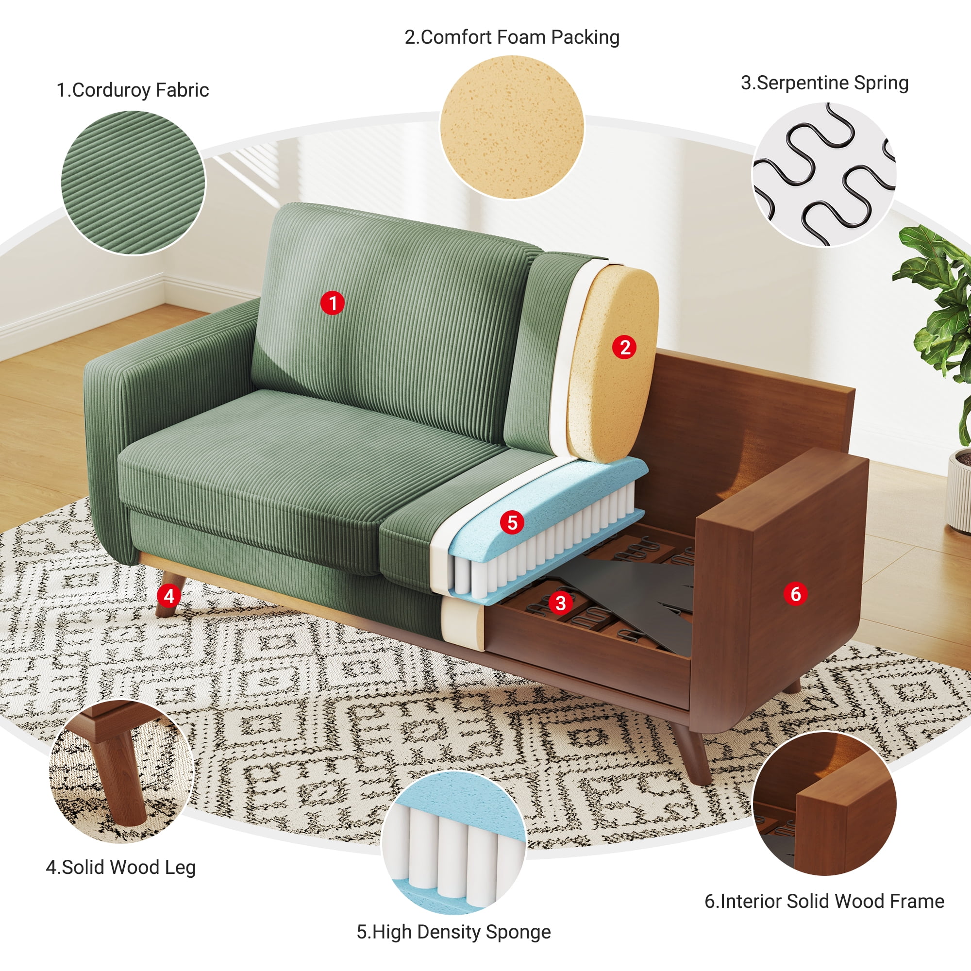 Neche 68" Corduroy Sofa for Living Room, 2 Seater Modern Couch for Small Space Office, Comfy Loveseat in a Box, Green