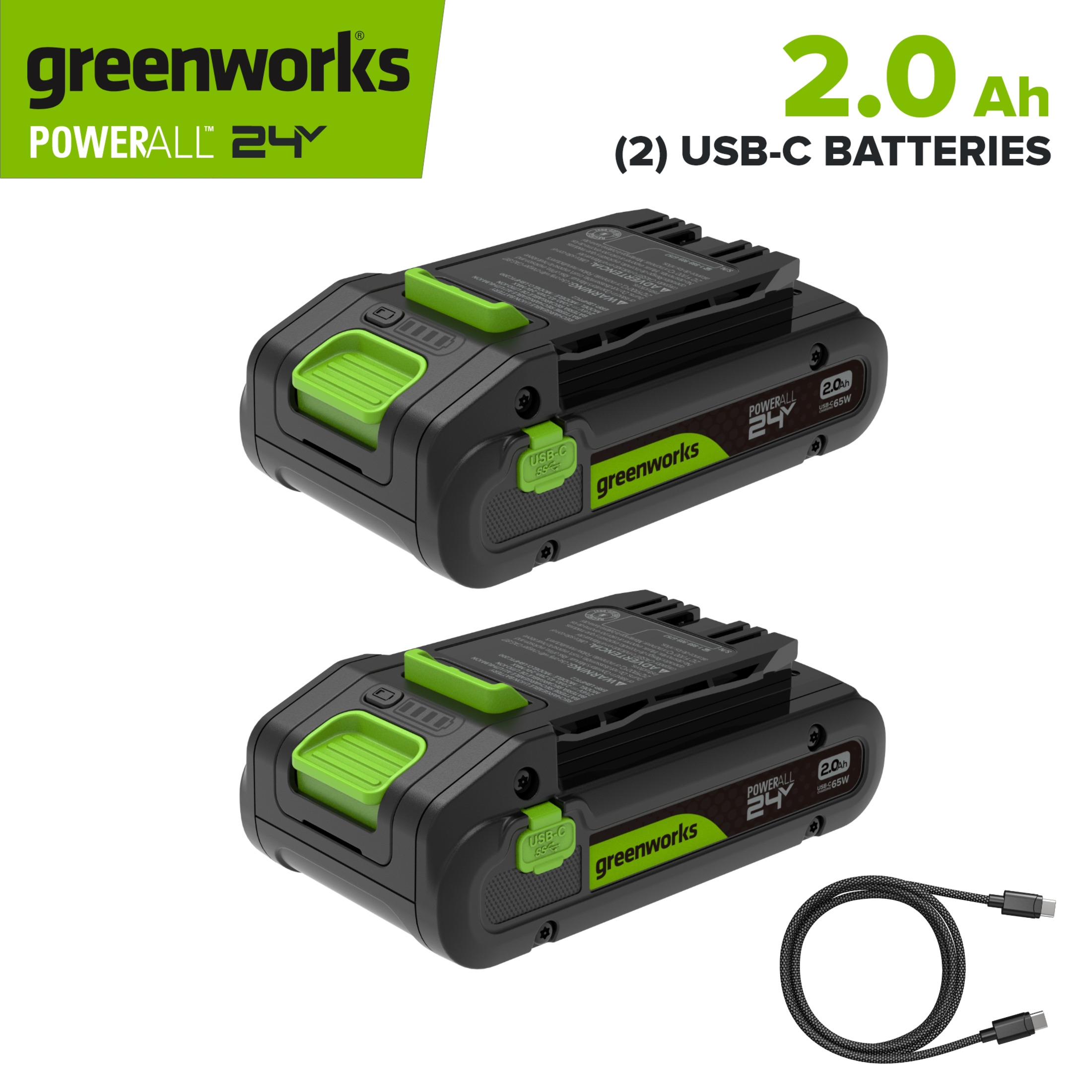 Greenworks PowerAll 24V Battery 2-Pack with 2.0 Ah Batteries with Cable, K2D4NNAA3