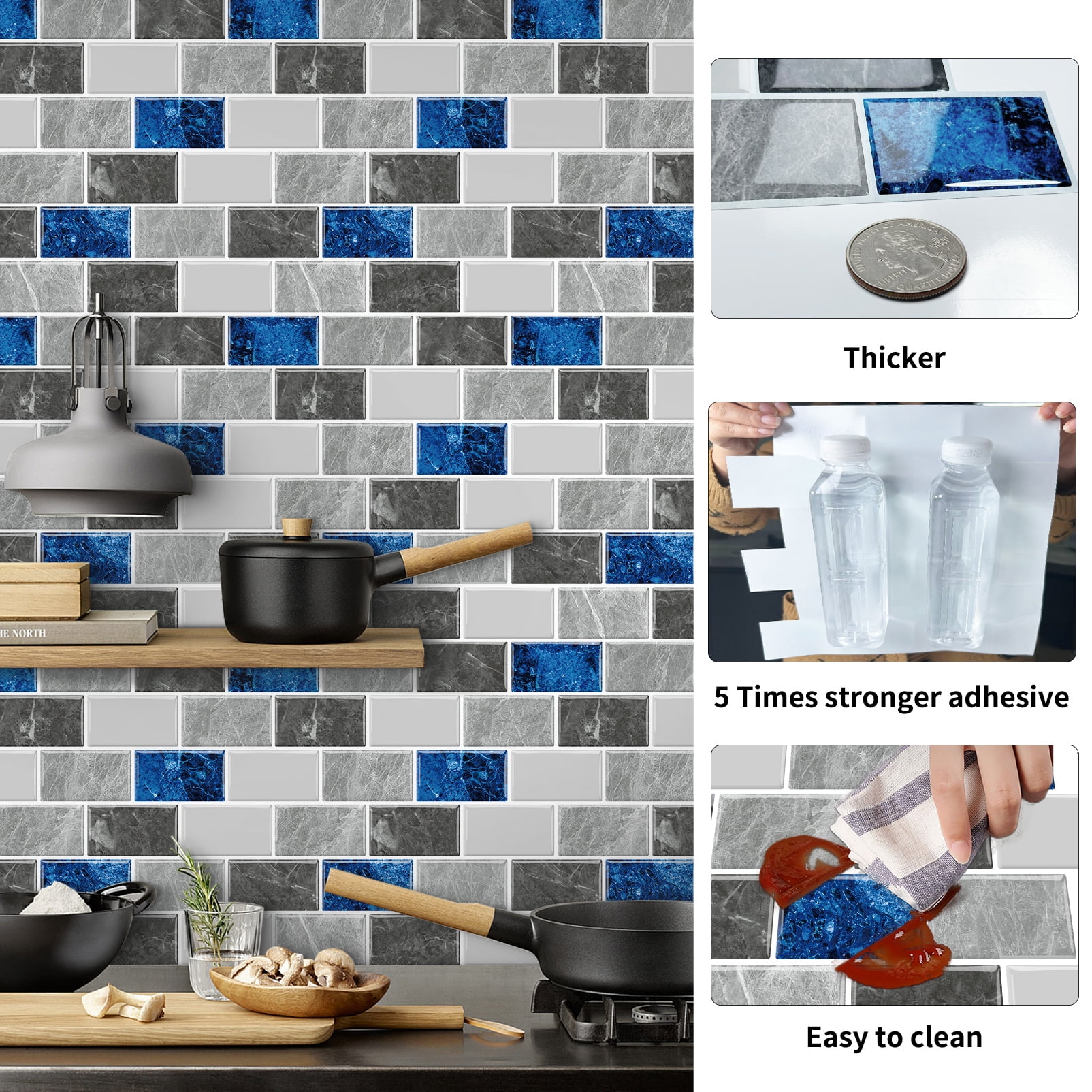 DEWOO Peel and Stick Backsplash - 10 Sheets of 12"×12" - 3D Adhesive Peel and Stick Tile Backsplash for Kitchen, Bathroom, Wall Tile, Blue Gray