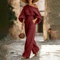 thumbnail image 5 of Szluipve 2 Piece Sets for Women Off‑Shoulder 2 Piece Outfits Puff Long Sleeve Slanted Shoulder Top & High Waist Pleated Wide Leg Pants Casual Vacation Matching Set Wine 2XL, 5 of 9