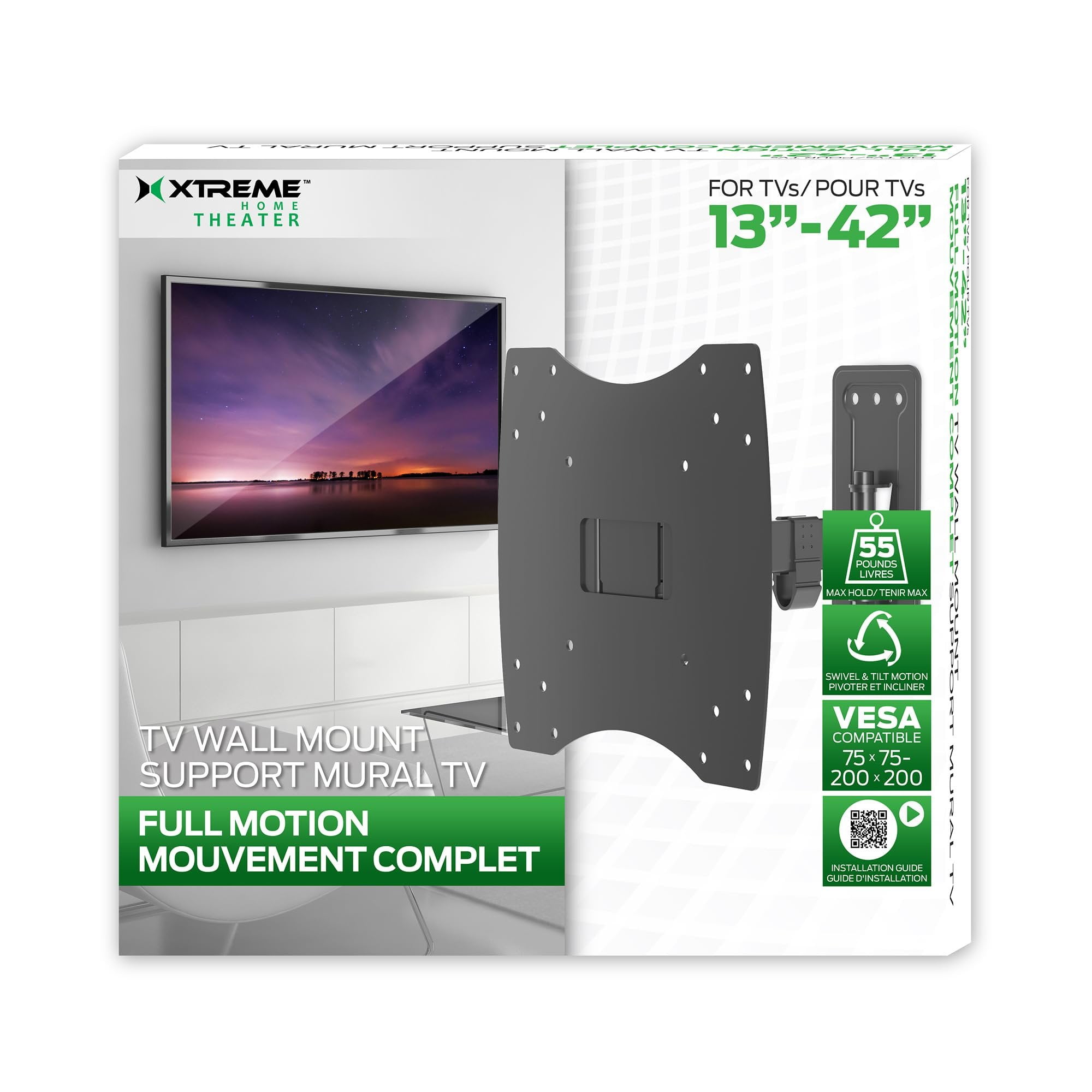 Xtreme Full Motion Wall Mount For 13-42 Inch Flat-Panel TVs, Swivels/Tilts, Holds 55 lbs