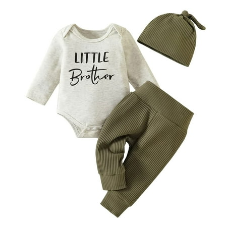 

U·nikaka Newborn Baby Boy Clothes Little Brother Letter Print Romper+ Pants+Hat 3PCS Outfit