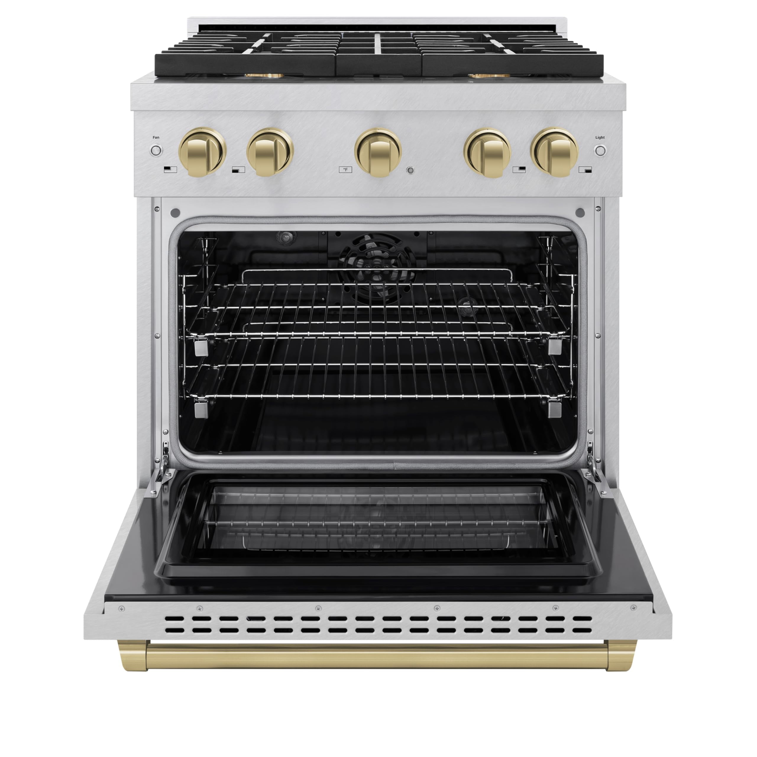 ZLINE Autograph 30" 4.2 cu. ft. Paramount Dual Fuel Range with 4 Burners in DuraSnowÂ® Stainless Steel with Champagne Bronze Accents, SDRSZ-30-CB