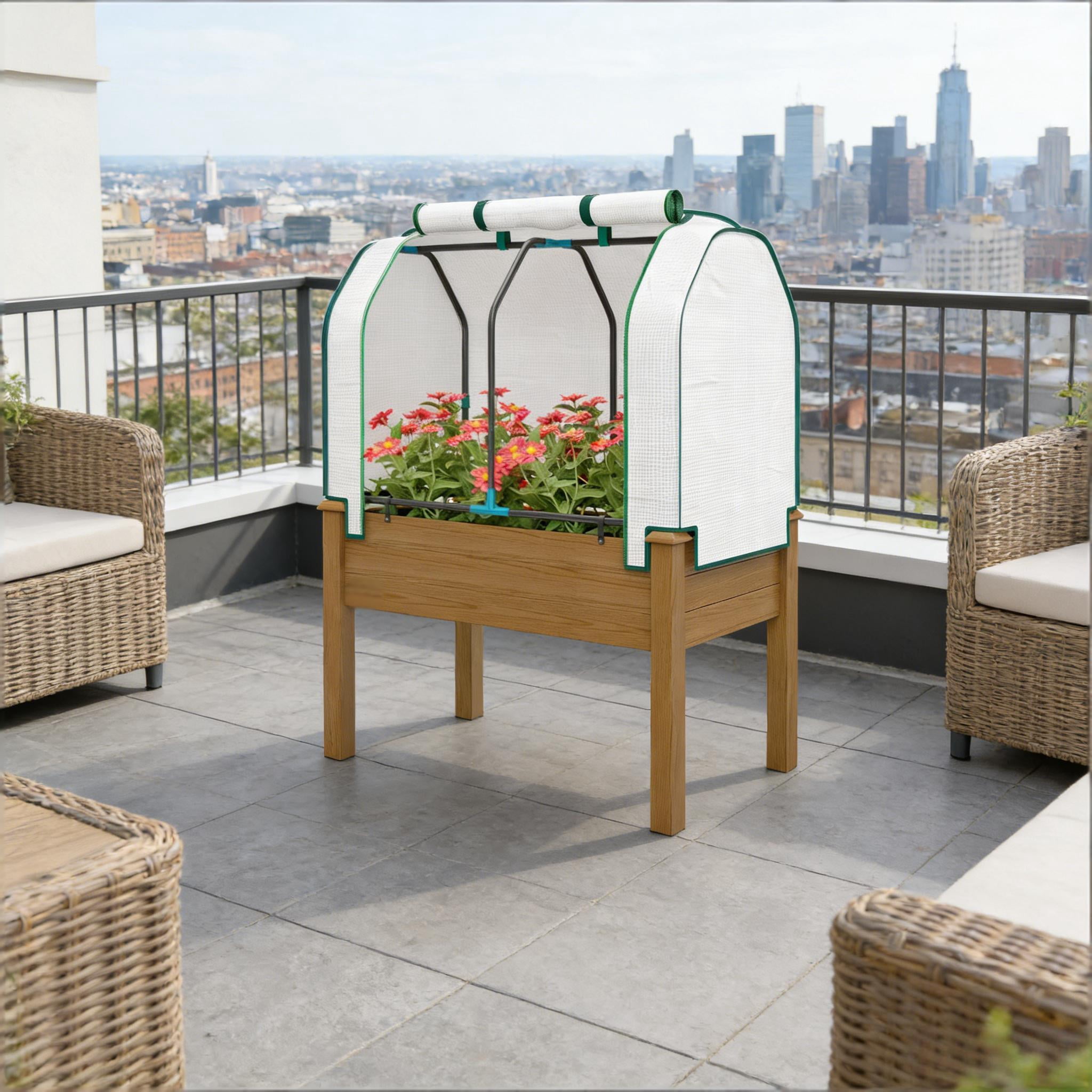 Outdoor Planter Box Convenient Raised Garden Bed with Legs Retractable PE Cover Brown Fir Wood Steel Frame Drainage Holes Breathable Fabric for Vegetables Herbs Flowers