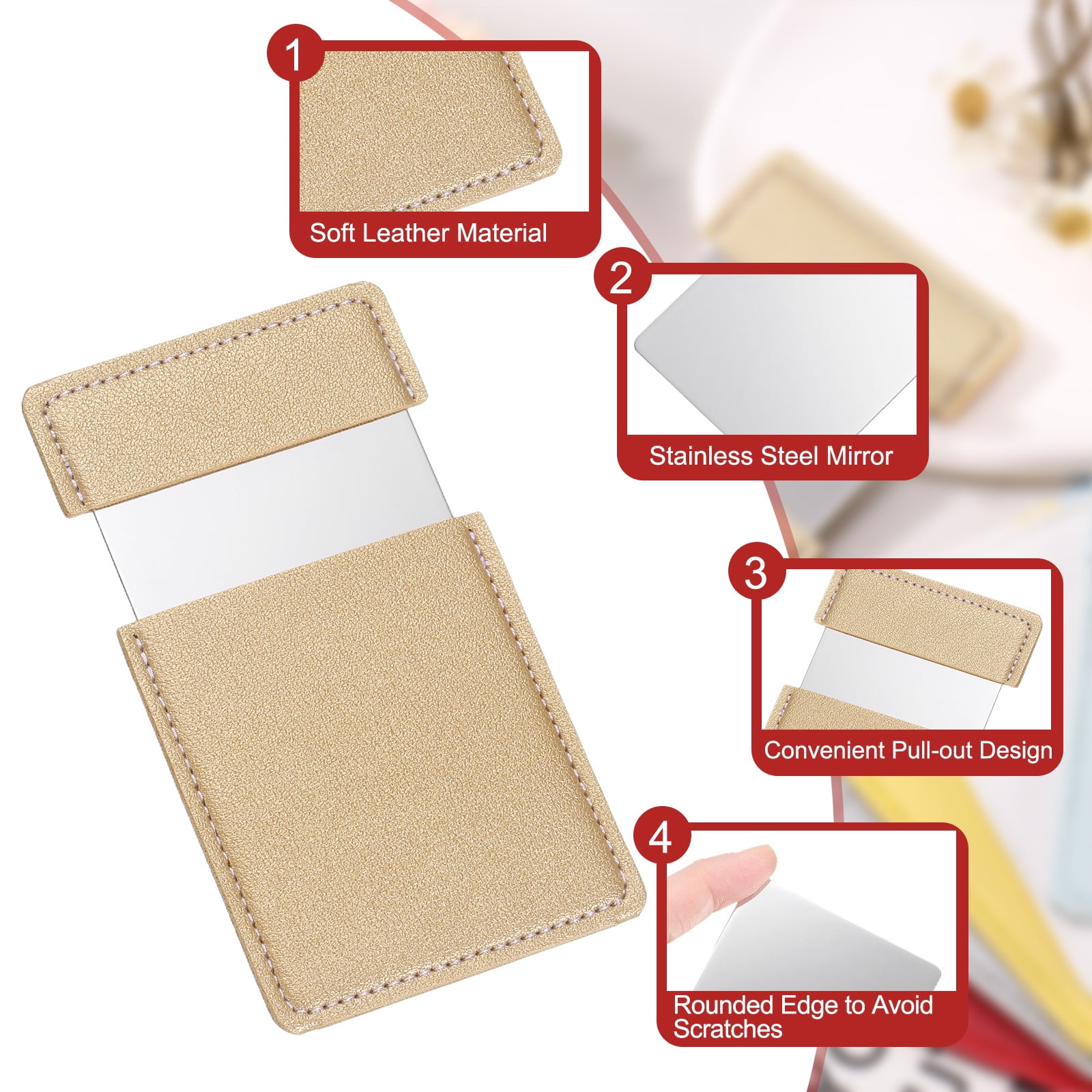 Unique Bargains Small Pocket Mirror Purse Stainless Steel Compact Leather Gold