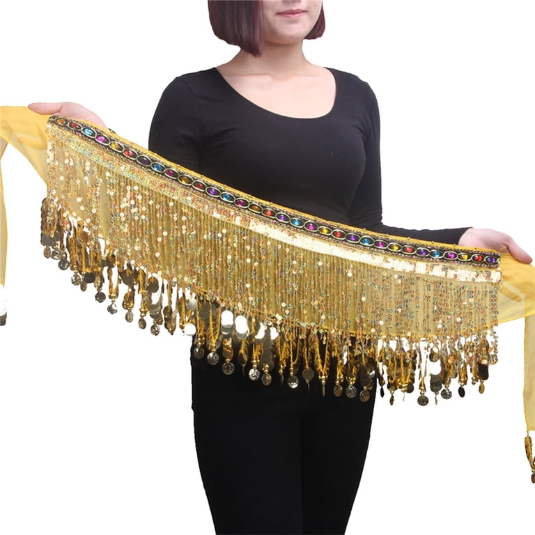 WEKIOOBON Belly Dance Hip Scarf, Sweet Belly Dance Skirt Wrap Performance Bling Sequins Coins, Belly Dancer Costumes For Women (A Purple