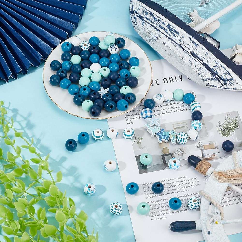 320 Pcs Ocean Wooden Beads 14 Styles Blue Wood Beads Turtle Sea Horse Dolphin Starfish Round Wood Bead Summer Nautical European Bead
