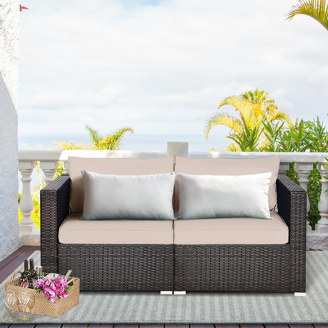 Costway Ensemble de Mobilier Sectionnel d'Angle en Rotin pour Patio 4 Pcs Coussin Beige