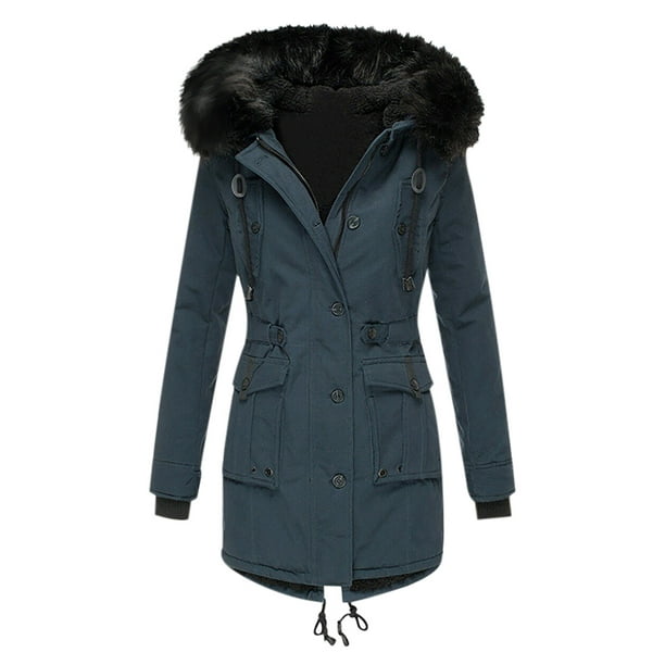 Snorda Winter Coats Womens Ladies Warm Jacket Winter Solid Turn Coat Hooded  Collar Lambswoo Outerwear