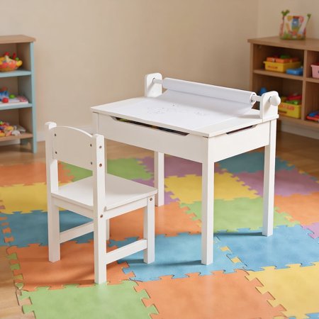 Resenkos Wooden Kids Table and Chair Set with Storage and Paper Roll Holder-White Small Folding Table for Arts & Crafts Snack Time Homeschooling Homework