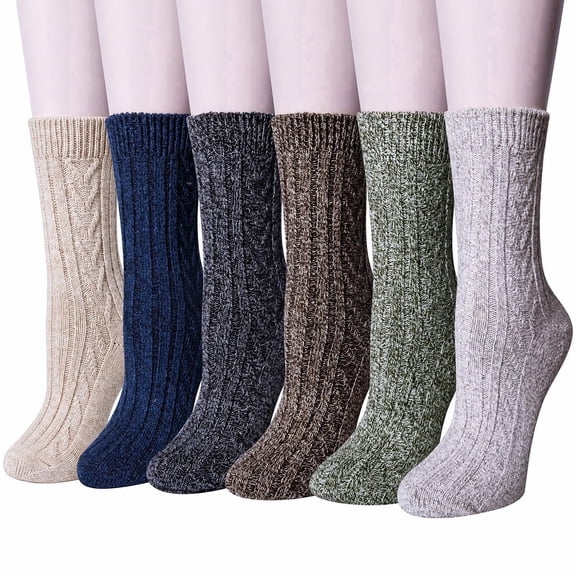 Loritta Wool Socks for Women, 6 Pairs Thermal Crew Winter Boot Socks, Shoe Size 5-9