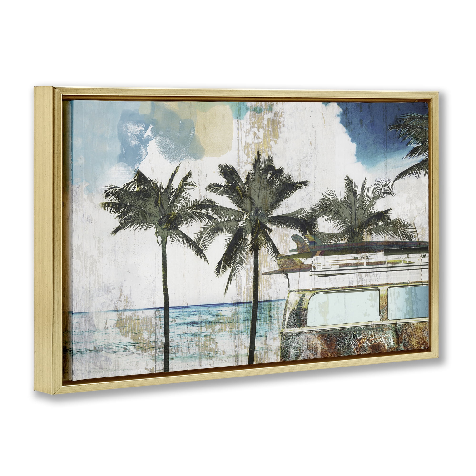 Beach Day Retro Vacation Gold Framed Floater Canvas Wall Art, design by Sasha