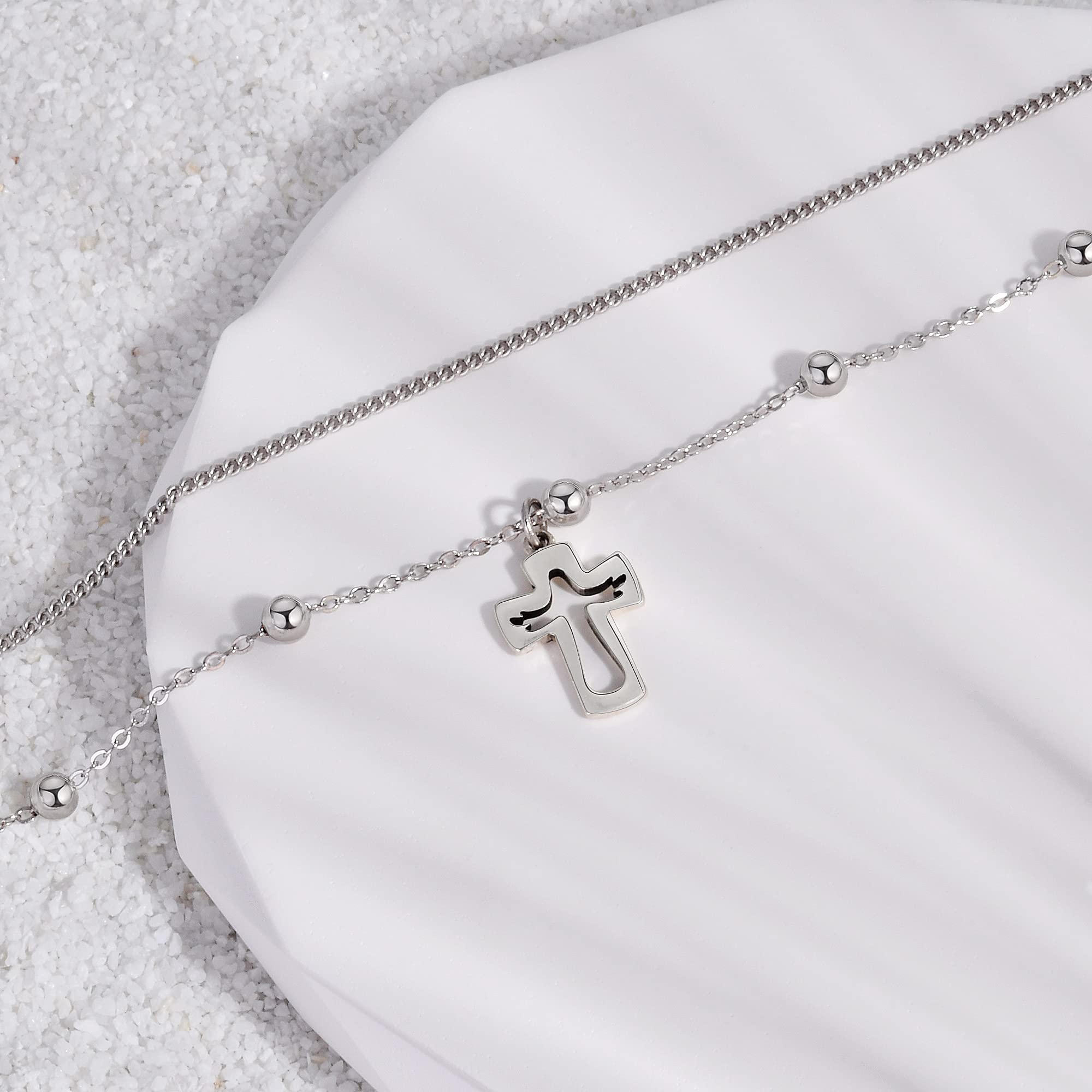 CHIC & ARTSY Ankle Bracelets for Women 925 Sterling Silver Anklets for Women - Adjustable Hypoallergenic Layered Foot Chain with Christian Cross Anklet