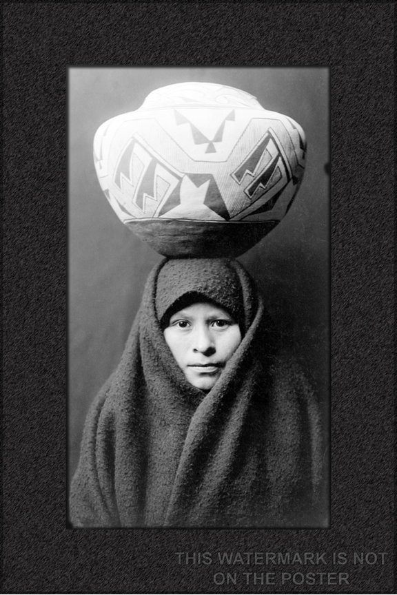 24"x36" Gallery Poster, Zuni Girl with Jar, c. 1903. Head-and-shoulders portrait of Zuni girl with pottery jar on her head