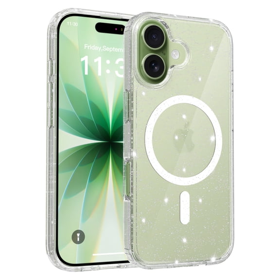 Allytechgroup for iPhone 17 Glitter Magnetic Case, Slim Fit Hard PC Anti-Yellowing Shell Support Wireless Charging Anti-Scratch Shockproof Protective Back Cover for iPhone 17, Clear
