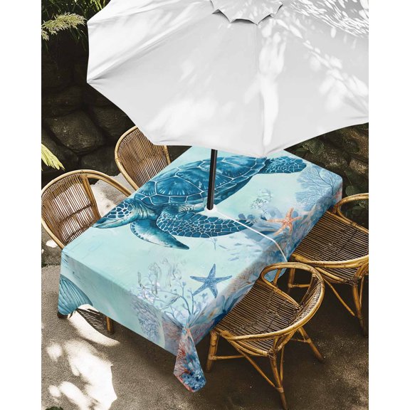 Outdoor Tablecloth with Umbrella Hole, Marine Life Sea Turtle Coral Starfish Zippered Table Cloth for Rectangle Tables, Watercolor Ocean Theme Washable Waterproof Tablecloths for Picnic Patio Garden