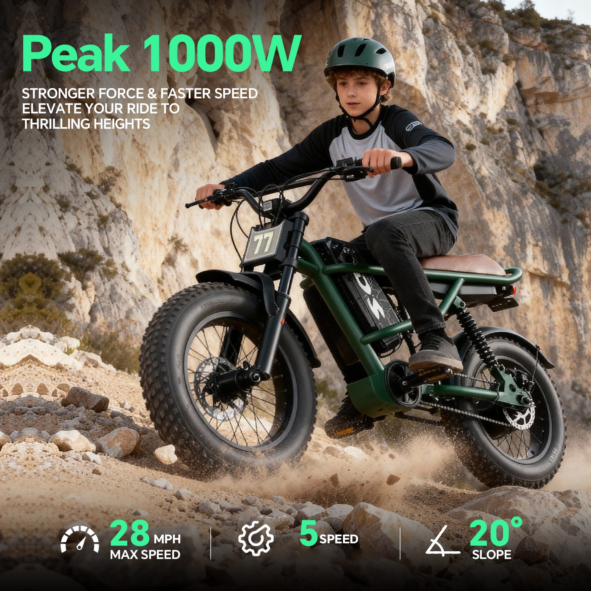 DRIFT.SLIDE Electric Mountain Bike for Adults, 28 mph, 1000w Peak Power, 48v 15ah, 16x4 Fat Tire