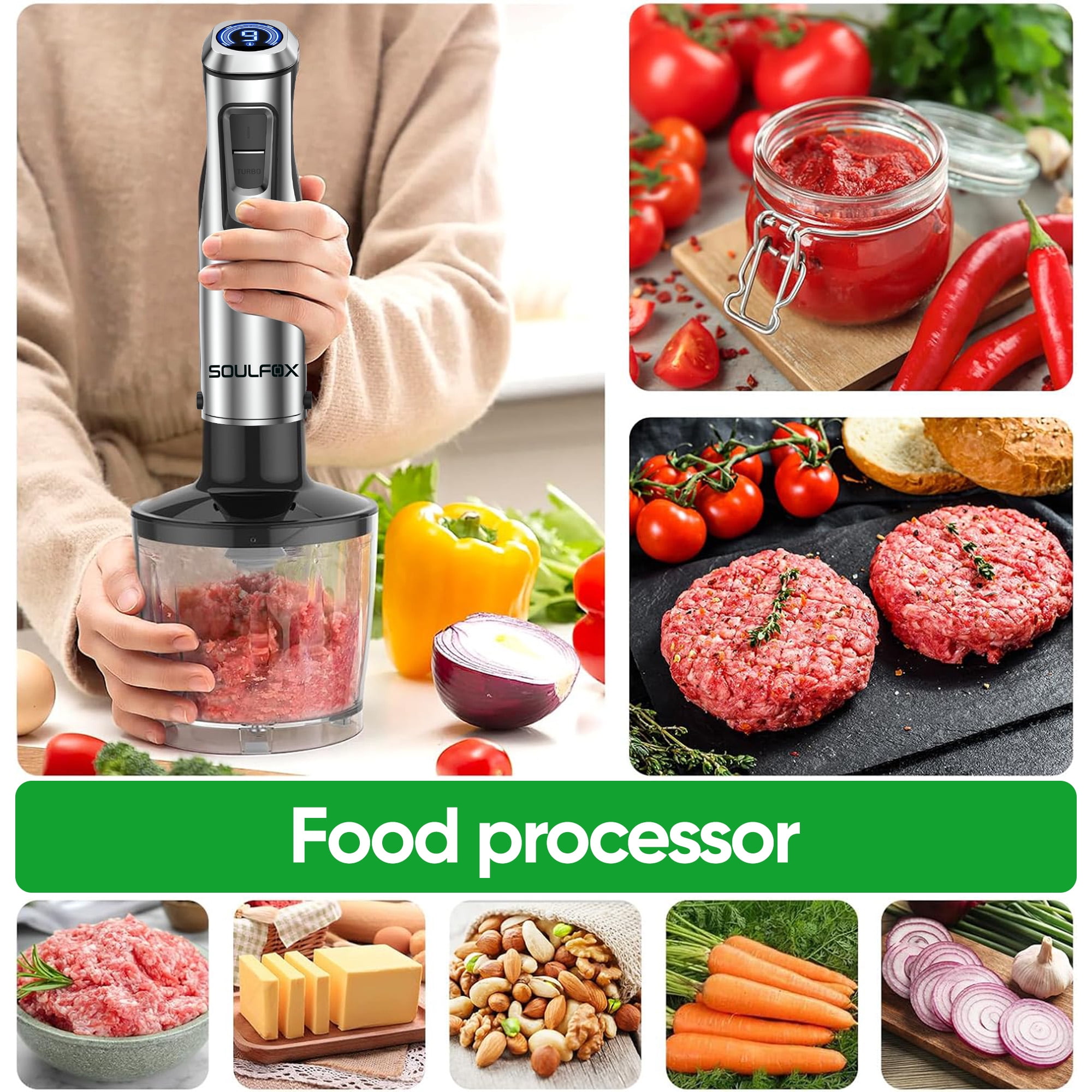 Soulfox Handheld Immersion Blender and Display 1500W, 5 in 1 Multifunctional Hand Mixer, Stainless Steel
