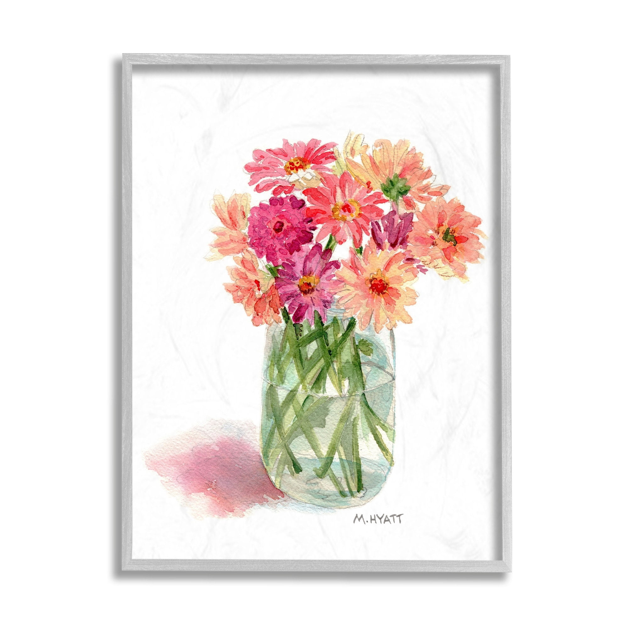Stupell Industries Pink Daisy Watercolor Bouquet in Canning Jar Grey Framed, 11 x 14, Design by Melissa Hyatt LLC