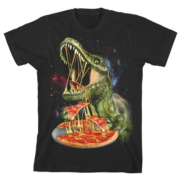 Dinosaur Eating Pizza Youth boys Black Graphic Tee-Medium