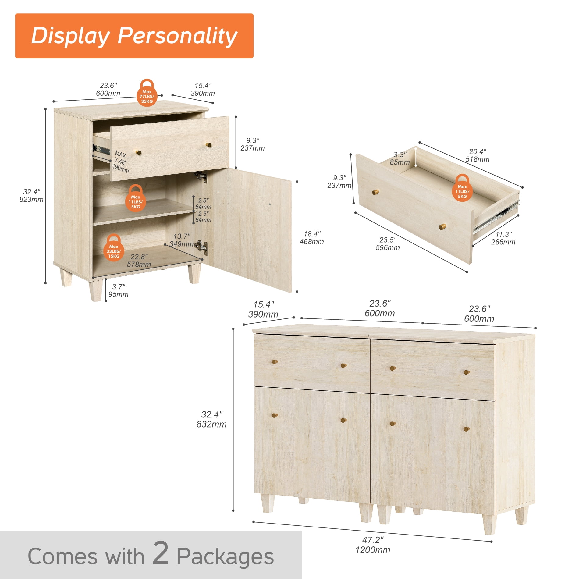 WAMPAT TV Stand Cabinets for 55 Inch Flat Screen, 2-in-1 Modern Highboy Wooden Entertainment Center with 2 Drawers and Shelves, Light Oak