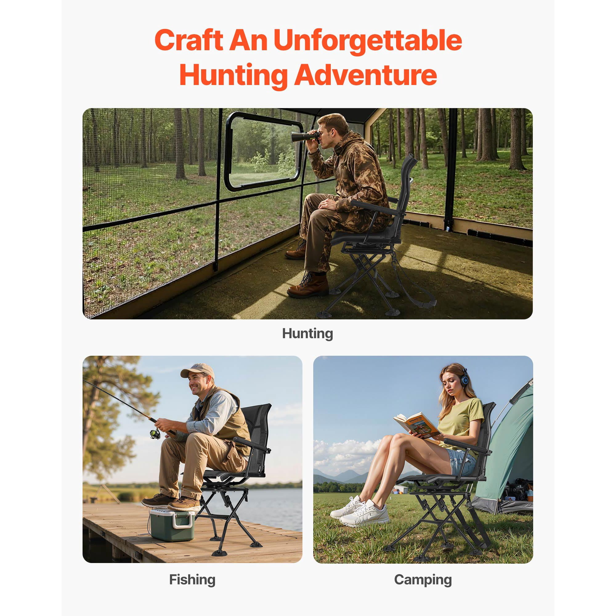 KFFKFF Hunting Chair with 360° Quiet Swivel, Foldable and Portable Blind Seat, Durable Steel Frame Ground Stool with Armrests, Adjustable Carry Strap, Anti-Sink Feet, 300 Lbs Weight Capacity