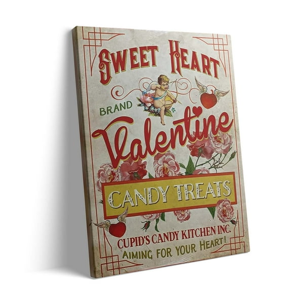 P&L Art Framed Canvas Wall Art - 16"x12" Vintage Cupid Valentine Candy Treats Sign Canvas Decor