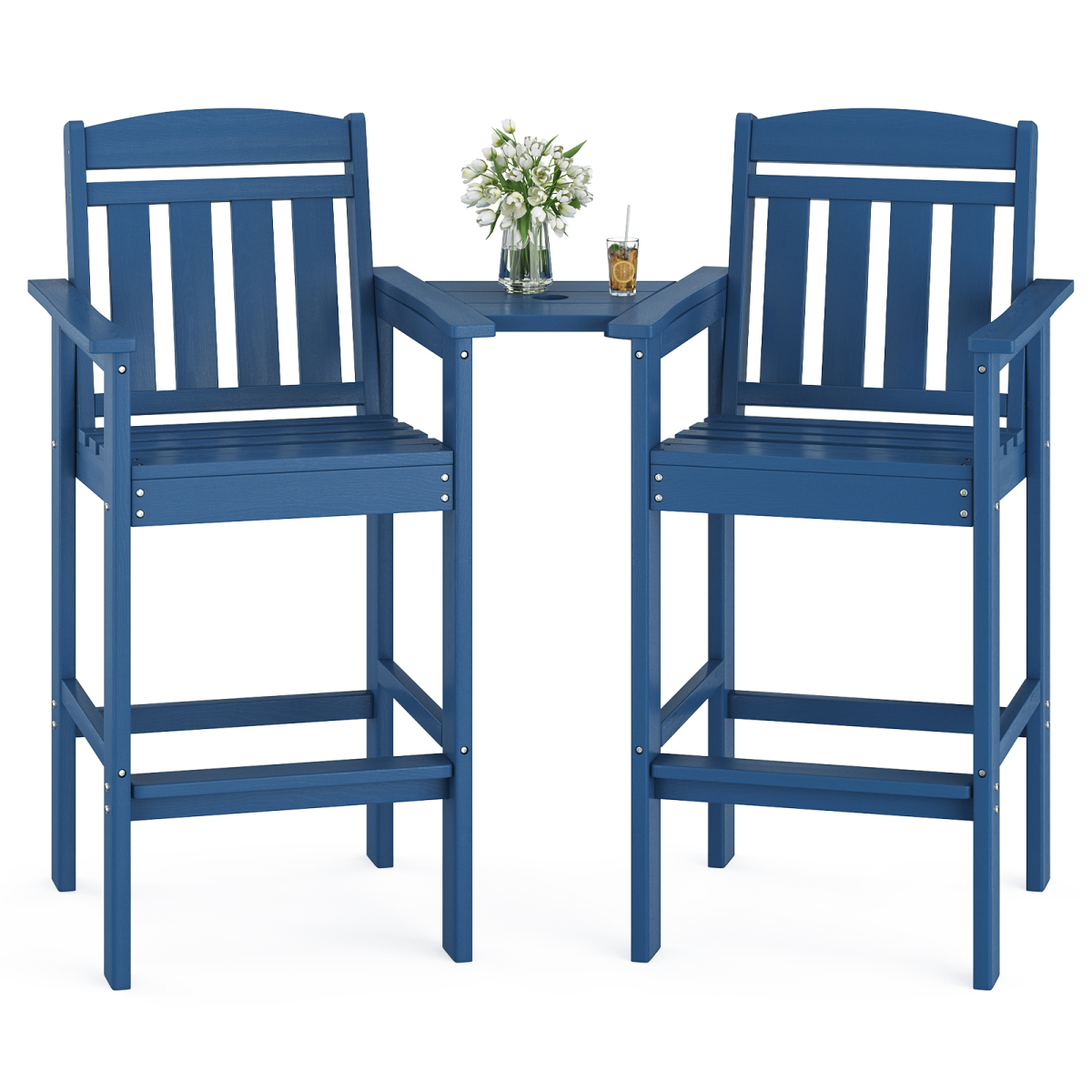 2-Pack Bar Height Adirondack Chairs - HDPE All Weather Patio Bar Stools with Connecting Tray, Ideal for Balcony, Poolside & Backyard